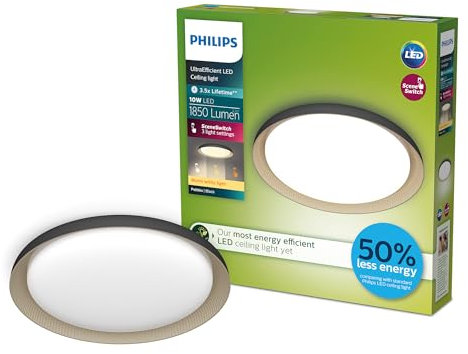 Philips Pebblo UltraEfficient LED Deckenleuchte, SceneSwitch, Schwarz, 10W, 1850Lm, 2700K, IP20, warmweißes Licht, 3 Lichteinstellungen