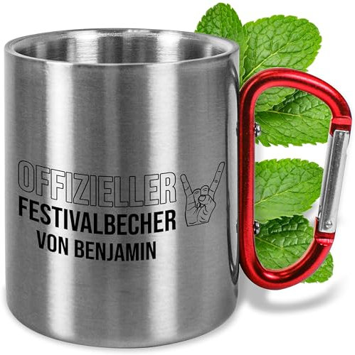 Edelstahl-Tasse mit Karabiner personalisiert „Offizieller Festivalbecher“ – ca. 300 ml Metall-Becher für Rock Dance Pop Festivals Geschenk Männer Frauen Outdoor - Karabiner Rot