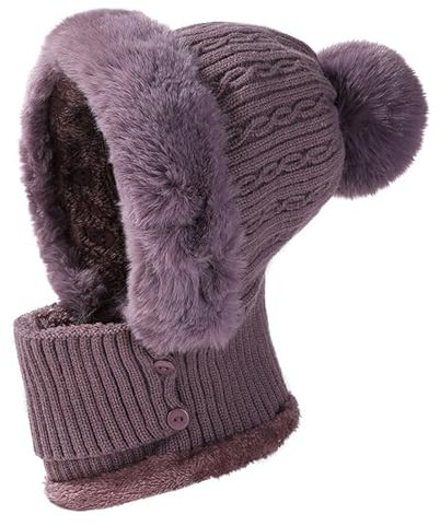 JFAN Berretto e Sciarpa Donna in Maglia e Pile Caldo per Sci Outdoor Inverno - Viola