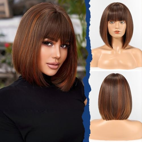 Haircube Kurz Gerade Bob Perücke Mit Pony - Damenperücke Stufige Braune Mit Strähnchen, 12 Zoll, Natürliche Synthetikfaser, Party/Alltagsperücke