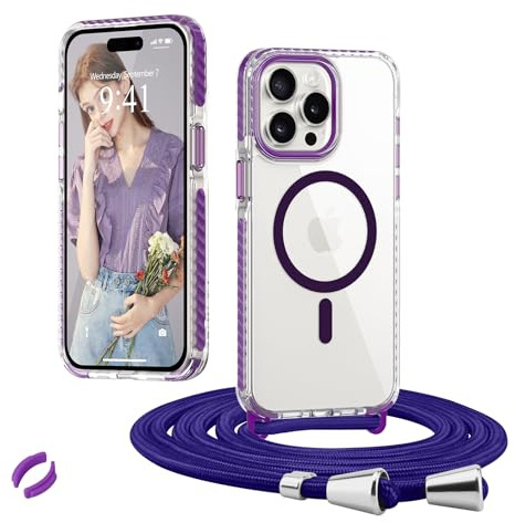 Micoden Coque pour iPhone 15 Pro Max avec Cordon de Collier Réglable,Compatible avec MagSafe, Housse Étui Transparente Silicone Antichoc avec Tour de Cou Lanière en Corde pour iPhone 15 Pro Max Violet