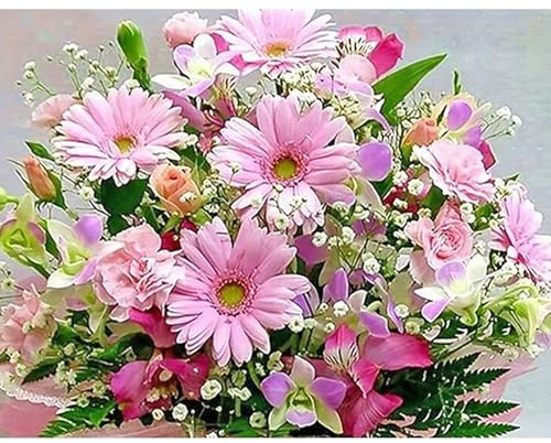TDFERAN 50x40CM 5D Diamond Painting Pink Daisy Flower Bouquet Kit, Diamant Painting Fleur rose,Tableau Diamond Painting Fleurs, Broderie Diamant Fleurs Rose pour Décoration Murale