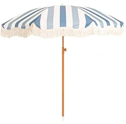Grand parasol de plage à rayures jaunes de 2 m avec pompon pour terrasse et camping