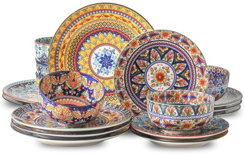 HASENSE 18 Pieces Kitchen Dinnerware Sets Service for 6, Bohemian Style Plates and Bowls Set, Ceramic Vintage Tableware Dishes Set, Scratch Resistant Microwave and Dishwasher Safe, Assorted Color