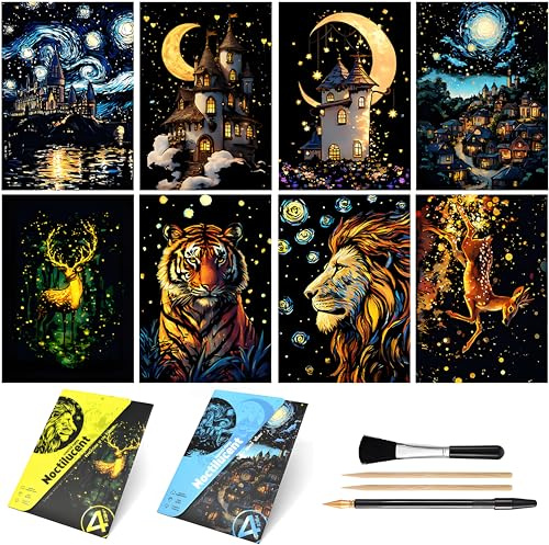 ASMR Lot de 8 feuilles de papier à gratter phosphorescent pour peinture arc-en-ciel | Tableau à gratter créatif (A5) pour adolescents et adultes, jouet de croquis amusant, projets de bricolage | ASMR
