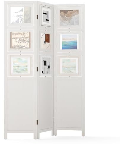 COSTWAY Paravent 170 x 121cm, Raumteiler aus Paulowniaholz, inkl. 9 Fotorahmen 360° drehbar, 3 teilige Trennwand klappbar, im rustikalen Stil, Sichtschutz für innen