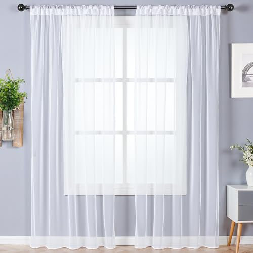 Alaoo Voile Vorhänge, 2er Set Sheer Fensterschal Lichtdurchlässig, Voile Polyester, Transparent Wohnzimmer Luftig Dekoschal für Wohnzimmer Schlafzimmer 142 X 120 cm (B x H), Stangendurchzug, Weiß