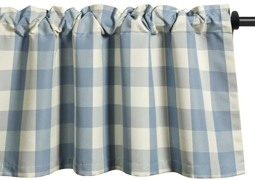 VOGOL Buffalo Check Blue Kitchen Valance, Rod Pocket, 52×18, 1 Panel | Easy to Install, Classical Plaid Print, Easy Care Linen Look Fabric，Light Filtering for Bedroom Living Room Cafe Windows