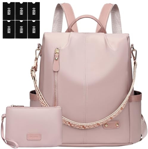 ONETOALL Rucksack Damen Klein Diebstahlsicher mit 6 RFID Blocker Schutzhüllen, Cityrucksack Damen Elegant, Damenrucksack Handtasche Modern, für Städtetrip Alltag Unterwegs Staubrosa Nylon