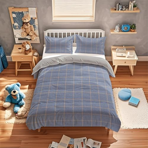 ViblyCoz Double Bed Duvet Cover Set Blue with Grid 3 Piece Bedding with 1 Duvet Cover and 2 Pillowcases 200x200cm