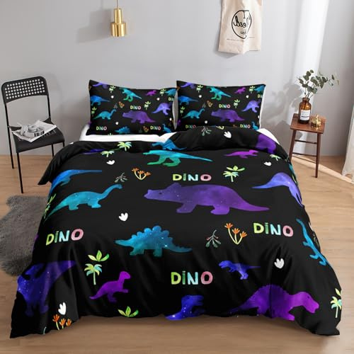 HOSIMA Juego de ropa de cama multicolor con diseño de dinosaurio, 135 x 200 cm, multicolor, 1 funda de edredón, 1 funda de almohada, con cremallera, adecuado para niños, adolescentes y adultos