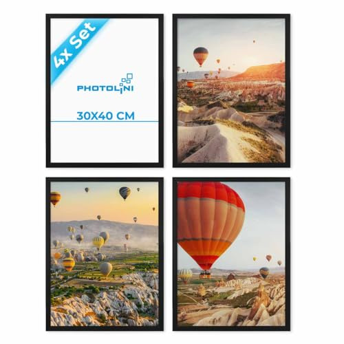PHOTOLINI Bilderrahmen 30x40 Schwarz Holz MDF, 4er Set Bilderrahmen 40x30 cm schwarz, bruchsicheres Acrylglas, Rahmen 30 x 40 zum Aufhängen, extra Zubehör - Picture Frame 30x40 für Fotos & Poster
