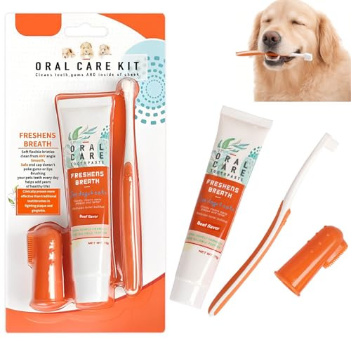 Hundezahnpasta, Hunde Zahnpflege Set, Hundezahnbürste und Fingerzahnbürste | Hundezahnpasta Gegen Zahnstein und Mundgeruch Zahnbürste für Hund und Katzen Entfernt Plaque und Mundgeruch (Orange Farbe)