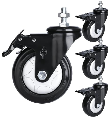 Drehbare Rollräder, Schwere Last Gewinde-Stangen, Sicherheits-Doppel-Sperrung, Industrie-Set von 4, mit Bremsen, für Trolleys und Möbel (M10-1.5x25mm, 4 inch)