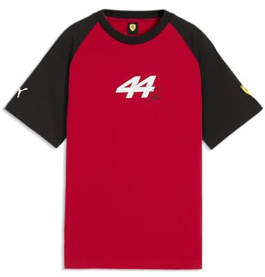 PUMA Scuderia Ferrari F1 Kinder Lewis Hamilton Grafik-T-Shirt - Rot | Kurzärmel mit Rundhalskragen, Mit einer Ragalan-Ausführung und kontrastierenden Ärmeln, Offiziell lizenziert