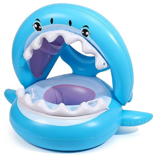 Galleggiante per piscina per bambini in PVC con tettuccio, galleggiante per sedile da nuoto gonfiabile a forma di squalo, blu