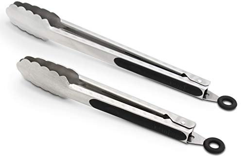 304 Stainless Steel Kitchen Cooking Tongs, 9 and 12 Set of 2 Sturdy Grilling Barbeque Brushed Locking Food Tongs with Ergonomic Grip, Black
