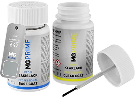 MG PRIME Autolack Lackstift Set für Renault 647 Gris Titane Metallic/Titangrau Metallic Basislack Klarlack je 50ml