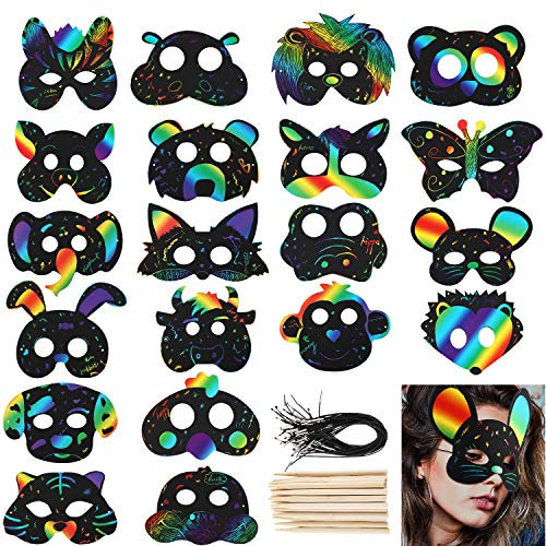 Gejoy 40 Jeux Masques d’Animal de Papier à Gratter Masque à Gratter Coloré avec Bande Élastique et Stylet en Bois pour Fournitures de Fête à Thème d’Animal
