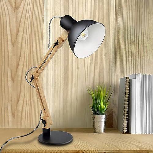 DINGLILIGHTING LED Wood Swing Arm Desk Lamp, Black Adjustable Reading Light, Designer Table Light, Classic Study Work Office Bedside Nightstand Lamp With E27 Bulb Eye Protection