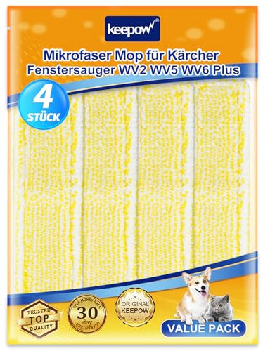 KEEPOW 4 Stück Mikrofaser Wischbezug für Kärcher Fenstersauger Zubehör WV2 WV5 WV6 Plus, Ersatzteile für Kärcher Fensterreiniger Tücher Wischmopppad, Gelb Indoor 2.633-130.0