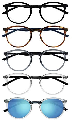 OPULIZE Met 5er-Pack Lesebrille Mit Sonne Leser Runden Schwarz Braun Grau Klar Herren Damen RRRRS60-127CC +1,00