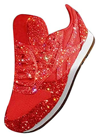 ORANDESIGNE Damen Pailletten Sneaker Flach Schuhe Freizeit Schnürer Sportschuhe Glänzende Schuhe Laufschuhe Sneaker Rot 38 EU