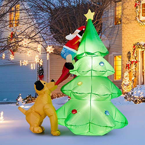 GYMAX 6FT/7FT Inflatable Light Up Christmas Tree with LED Lights, Built- in Sand Bag and Blowser, Waterproof Santa Decoration for Indoor & Outdoor