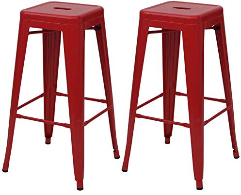 Mendler 2er-Set Barhocker HWC-A73AM, Barstuhl Tresenhocker, Metall Industriedesign stapelbar - rot