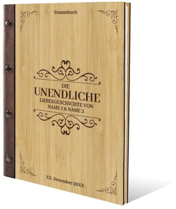 Stammbuch Gravur individuell Bambus Cover mit Echtleder Rücken und Extras Stammbuchformat hoch 175 x 220 mm - Liebesgeschichte