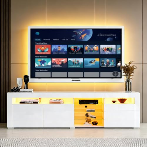 Senvoziii 180CM White High Gloss TV Stand Cabinet for 43/55/65/75 Inch TV | LED TV Unit, 3 Doors and Glass Shelves, Modern Gaming Entertainment Center for Living Room Bedroom, 180 x 35 x 53cm