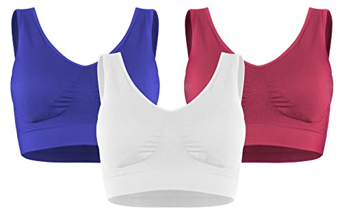 Fabio Farini - Sport BH Bustier nahtlos, Seamless ohne Bügel, bügellos, Größe L, Farbe Himbeerrot/Royalblau/Weiß