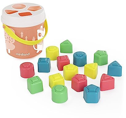Miniland - Spieleimer mit Steckfiguren, Lachsfarben.Geschicklichkeitspiel für Kleinkinder, recycelten Materialen. Kollektion Feel to Learn