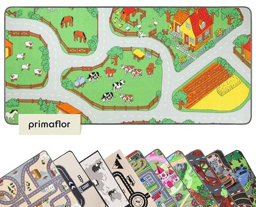 Primaflor Spielteppich mit Bauernhof-Design - Spielteppich für Kinder 140 x 200 cm - pflegeleichter Kinderteppich mit Straßen