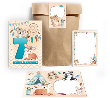 Junapack 12 Einladungskarten zum 7. Kindergeburtstag Einladung zum siebten Geburtstag Mädchen Jungen Tiere Indianer Koala REH incl. 12 Umschläge, 12 Tüten/Natur, 12 Aufkleber, 12 Blöcke