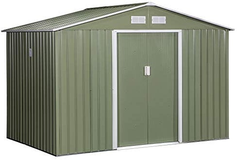 Outsunny Caseta de Jardín Exterior 4,9 m² 277x195x192 cm Cobertizo de Jardín Exterior con Puerta Corredera Techo Inclinado Base Refuerzo (Suelo NO Incluido) y 4 Ventanas Verde Claro