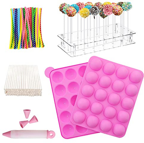 BEIAOSU Cake Pop Formen Backen, 100 Sticks Pop Cake Mould, Eiswürfelschalen, Silikon-Backform, Rosa Cake Pop Set