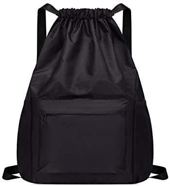 TIANNAIT Schwarzer Rucksack mit Kordelzug, Freizeitsportrucksack, wasserdichter Balkenrucksack, Schultasche, Unisex, geeignet für Camping, Yoga, Fitness, Reisen, Bergsteigen