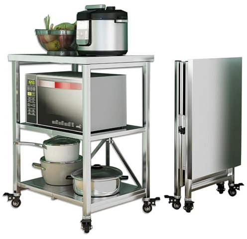 Servierwagen Edelstahl, 3 Böden klappbarer Transportwagen Lagerregal Regalwagen Küchenwagen Rollwagen mit Rollen, Allzweckwagen für Restaurant Hotel Schule Haushaltswagen (Größe : 60X45X80CM)