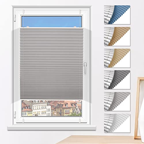 Plissee Verdunklung ohne Bohren Klemmfix Hellgrau 60x180cm(BxH) | Verdunklungsplissee Faltrollo 100% Blickdicht Sonnenschutz & Schallschutz Plisseerollo für Fenster & Tür