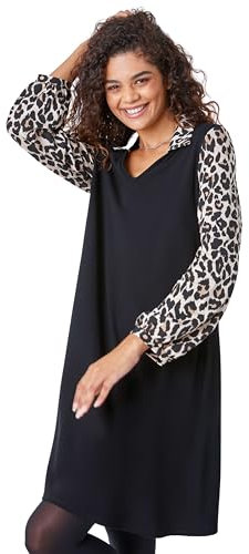 Roman Originals Contrast Animal Print Swing Dress for Women UK - Ladies Everyday Holiday Autumn Winter Pull-On V-Neck Long Sleeves Comfy Soft Vacation Work Leopard - Black - Size 10