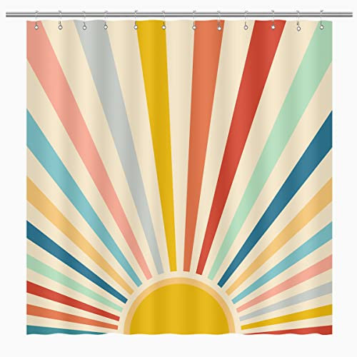 BIYSUC Retro-Sonnen-Duschvorhang, Boho, Regenbogen, niedlich, Hippie, Vintage, Sonnenaufgang, Sonnenuntergang, bunt, 70er-Jahre-Kunst, Badezimmer, Heimdekoration, 183x183 cm, mit 12 Kunststoffhaken