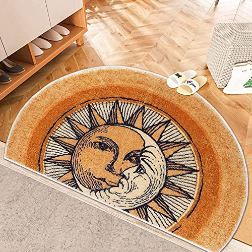 Halbrunder Teppich, 80 x 120 cm, Sonne und Mond, gelber Boho-Teppich, rutschfest, Tribal-Stil, maschinenwaschbar, geeignet für Wohnzimmer, Schlafzimmer, pelziger Teppich am Eingang