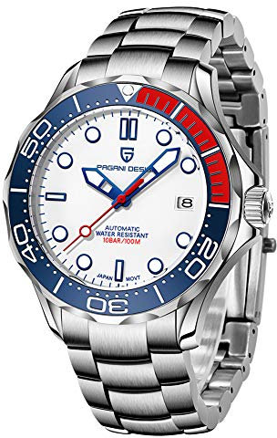 Pagani Design 007-Modell Herren-Automatikuhr, NH35 Uhrwerk, drehbar, Keramiklünette, Edelstahl, wasserdicht, selbstaufziehend, Armbanduhr, Stahl weiß