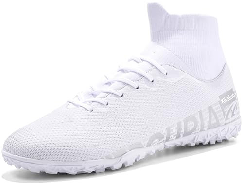 Kikaluo Herren-Fußballschuhe mit High-Tops, Schnürung, Spikes, Indoor-Futsal-Stiefel für festen Boden, Rasentraining, Übung, Futsal-Stiefel, Weiß 1313, 39 1/3 EU