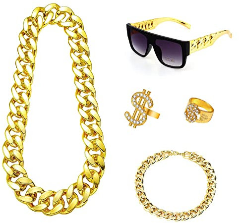 AOT 5 Stück Dollar Kette set, Hip Hop Kostüm Set, 80er 90er Jahre Accessoires, Dollar Zeichen Goldkette kit, Hiphop Punk Gold Kette, Goldkette Sonnenbrille Goldring, Fasching Accessoires