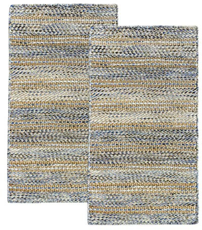 HAMID - Packung mit 2 Teppichen Jute Wolle Olivia Teppich Wolle und Jute 80 x 150 cm, handgewebt für Wohnzimmer, Schlafzimmer, Wohnzimmer, Blau meliert
