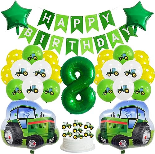 Guoguonb Grün 8 Jahre Traktor Geburtstag Deko Happy Birthday Banner Zahlenballon 8 Folienballon Bedruckte Ballons Traktor Tortendekoration für Kindergeburtstag Partyset Dekoration