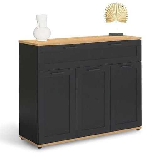 IDMarket - Buffet 100 cm VITO 3 Portes et 1 tiroir Noir et Plateau Bois