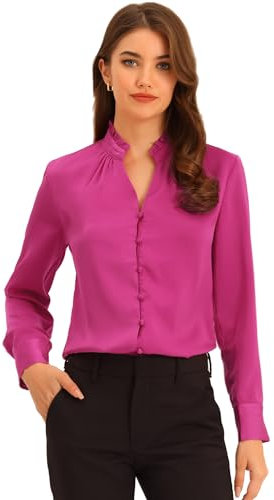 Allegra K Camisa de satén con Volantes para Mujer Blusa de Oficina de Trabajo con Botones de Manga Larga y Linterna Fucsia S